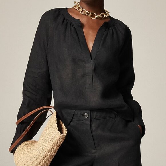 J Crew Cabana Top Blouse BLACK 100% Linen SMALL Long Sleeves - Picture 1 of 6